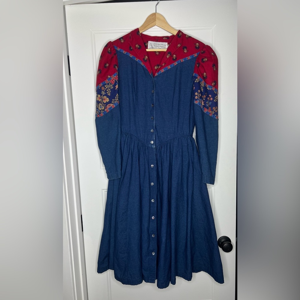 Vintage 80s Suttles Seawinds Dress Blue Denim Red Patchwork Vicki Lynn Bardon M